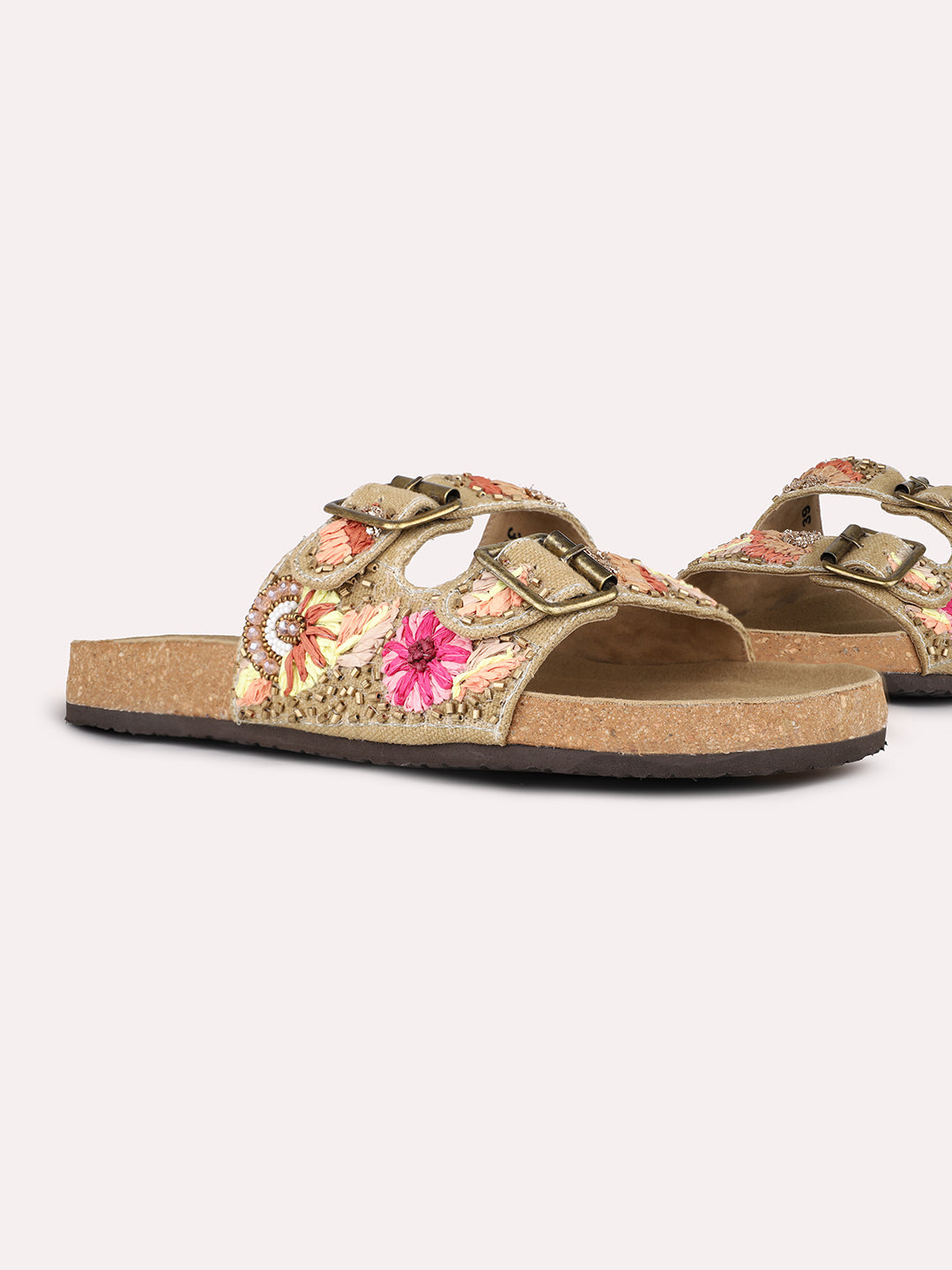Women Khaki Ethnic Floral Print Open Toe Slip-On Flat Sandals