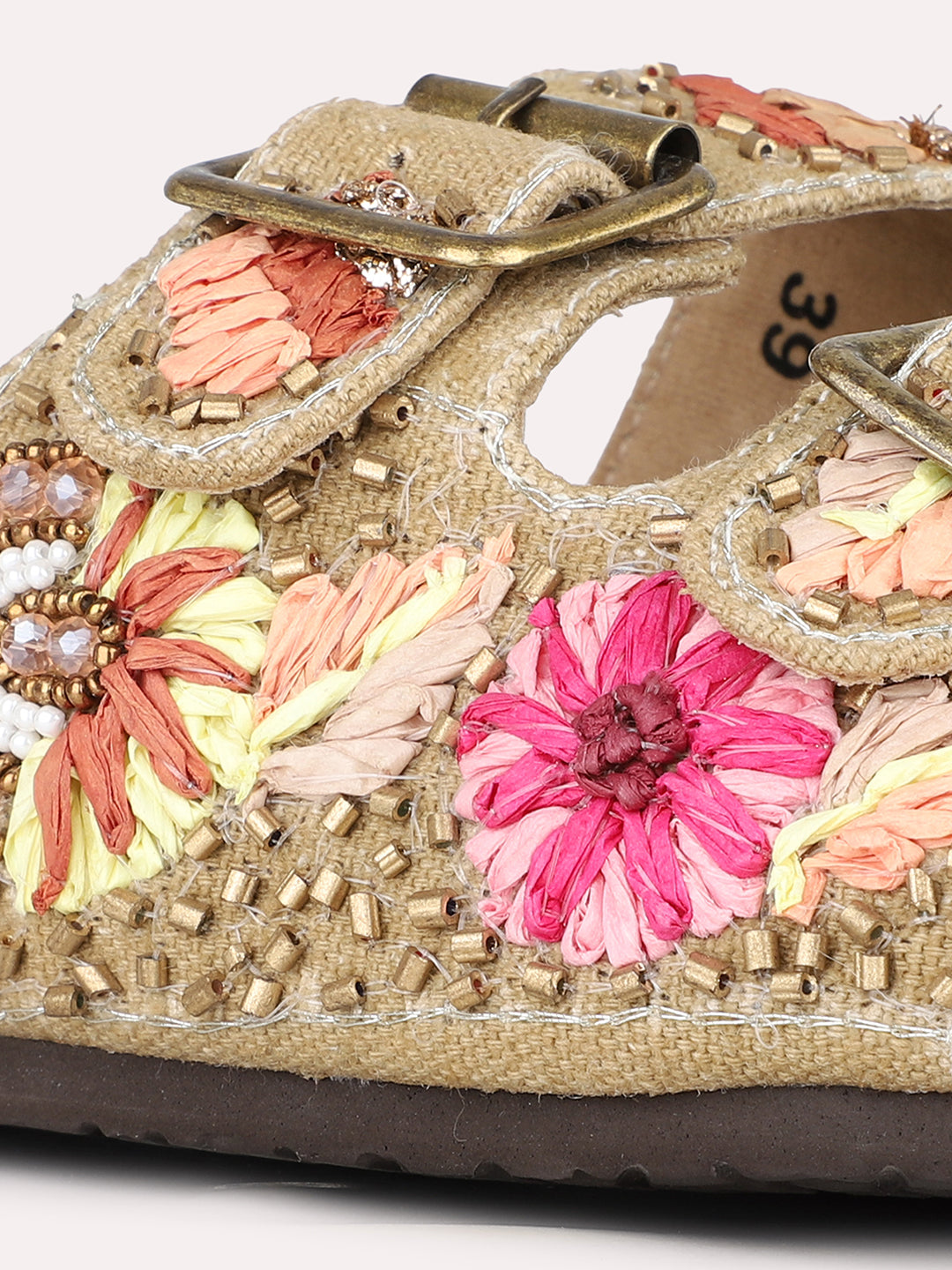 Women Khaki Ethnic Floral Print Open Toe Slip-On Flat Sandals