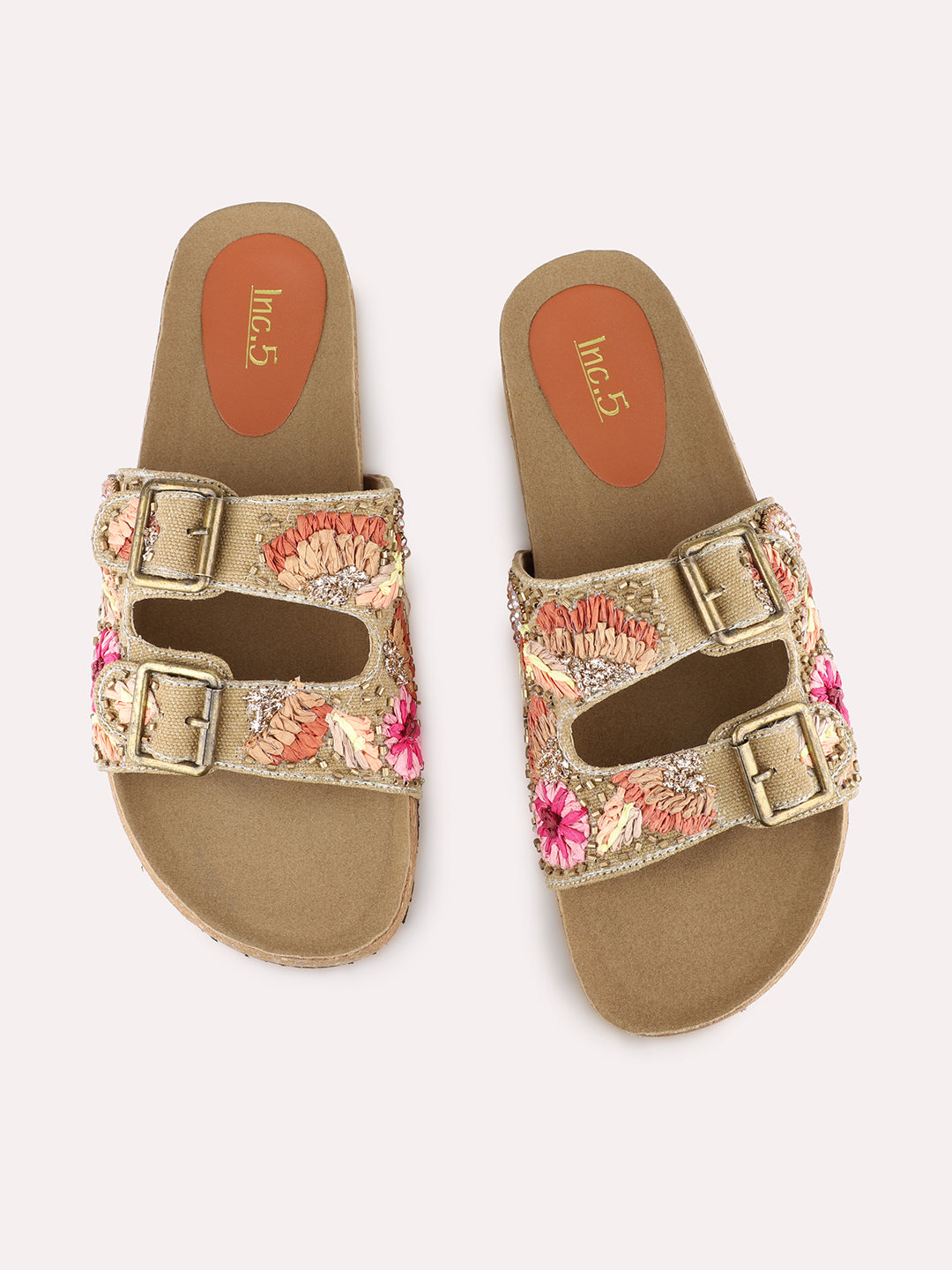 Women Khaki Ethnic Floral Print Open Toe Slip-On Flat Sandals