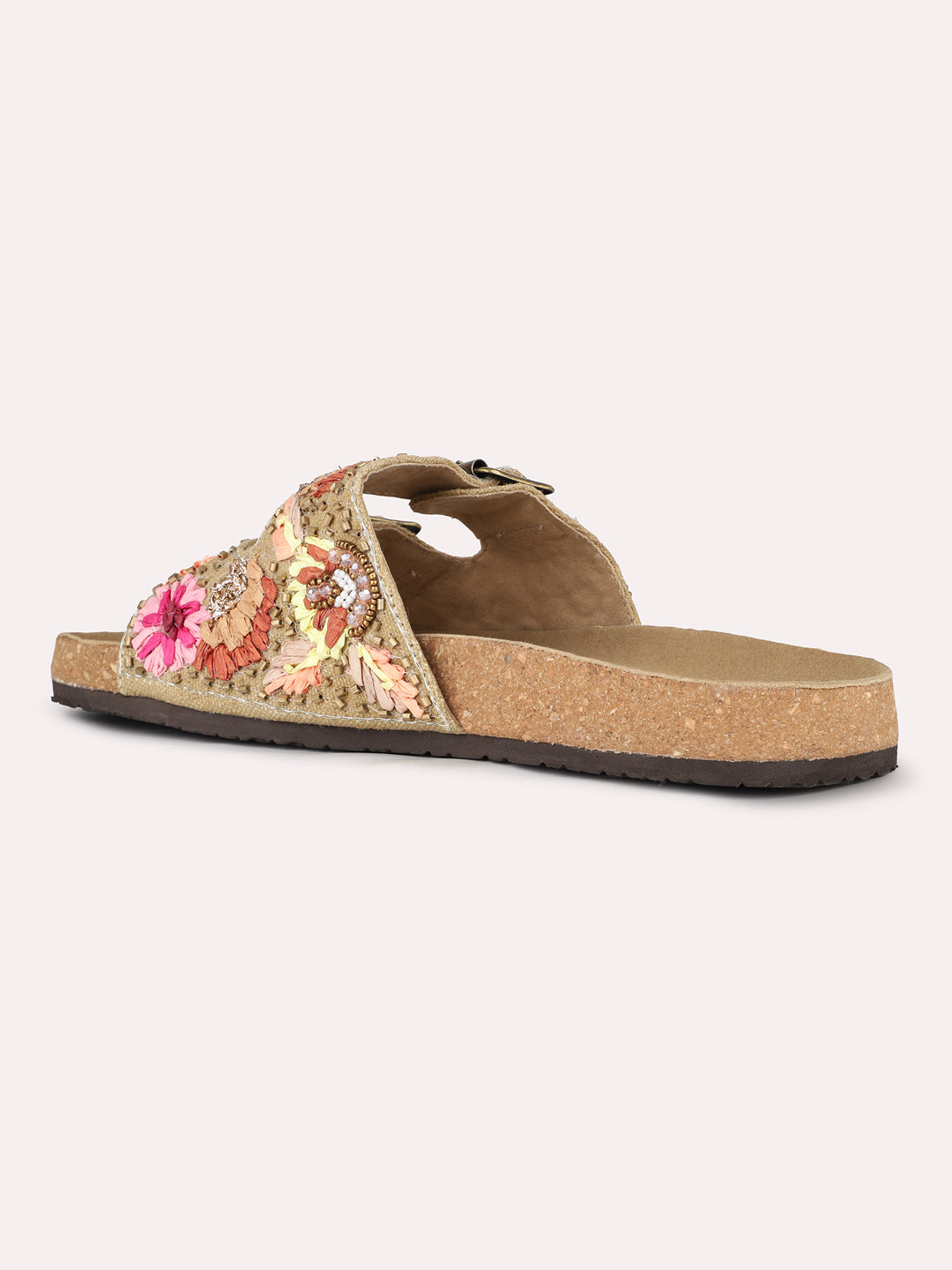 Women Khaki Ethnic Floral Print Open Toe Slip-On Flat Sandals