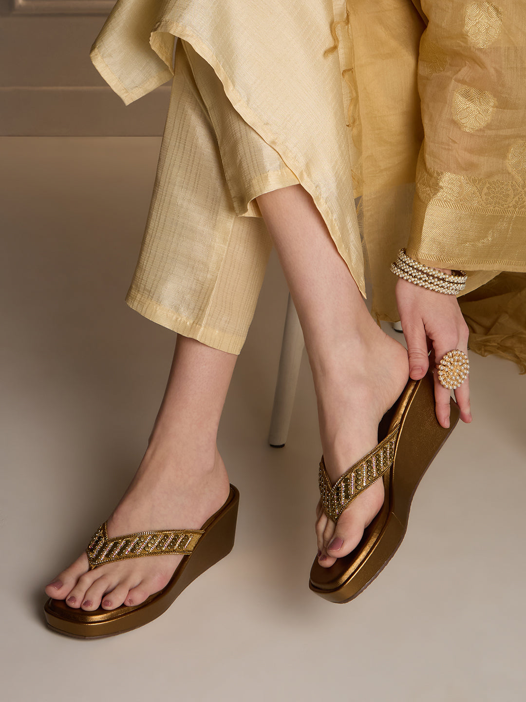 Womens Golden Party Wear Embellished Round Toe Wedge Heel Sandals