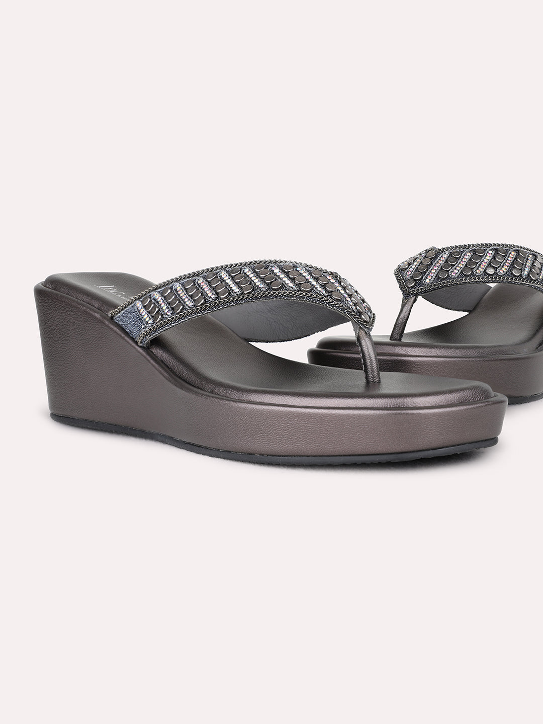 Womens Pewter Party Wear Embellished Round Toe Wedge Heel Sandals