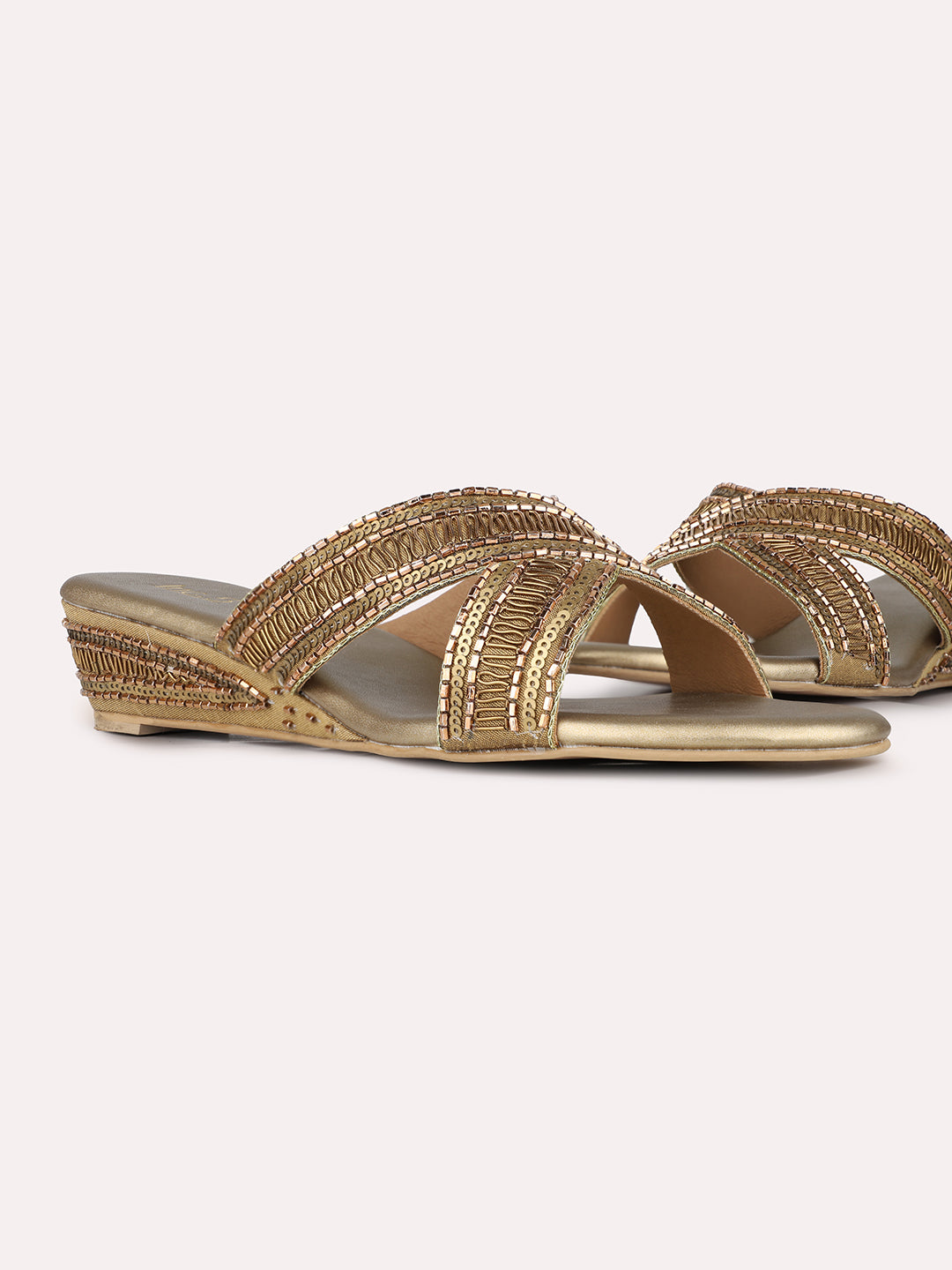 Women Golden Ethnic Embellished Round Toe Wedge Heel Sandals