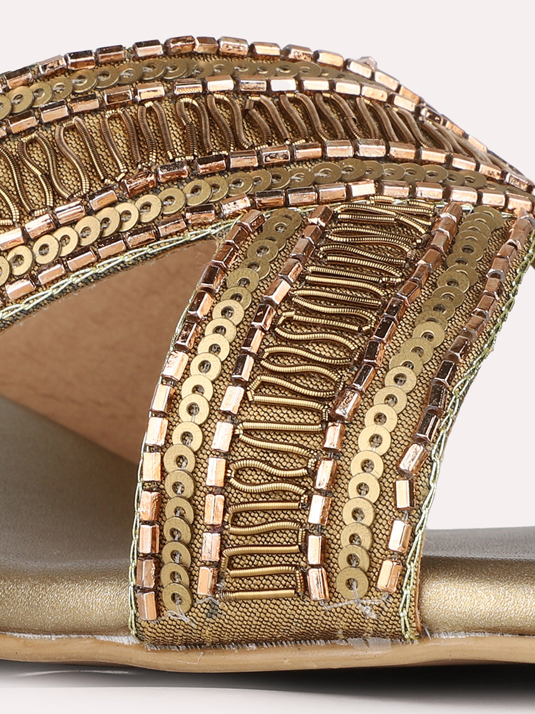 Women Golden Ethnic Embellished Round Toe Wedge Heel Sandals