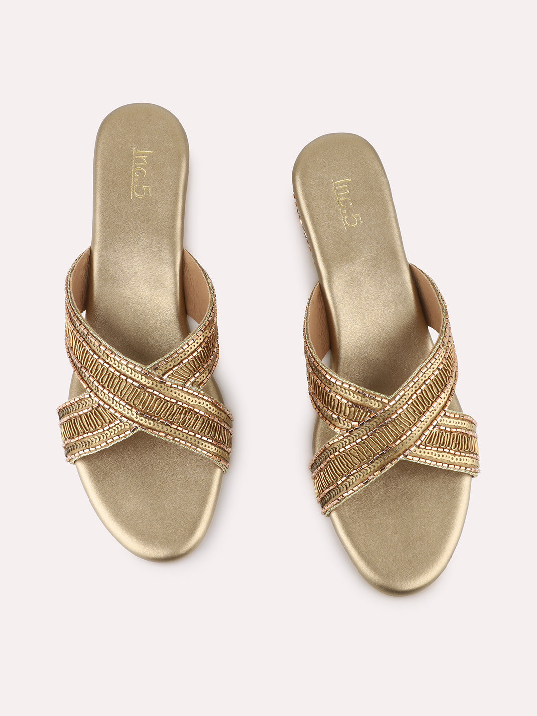 Women Golden Ethnic Embellished Round Toe Wedge Heel Sandals