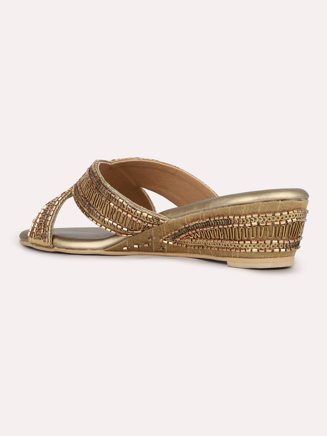 Women Golden Ethnic Embellished Round Toe Wedge Heel Sandals