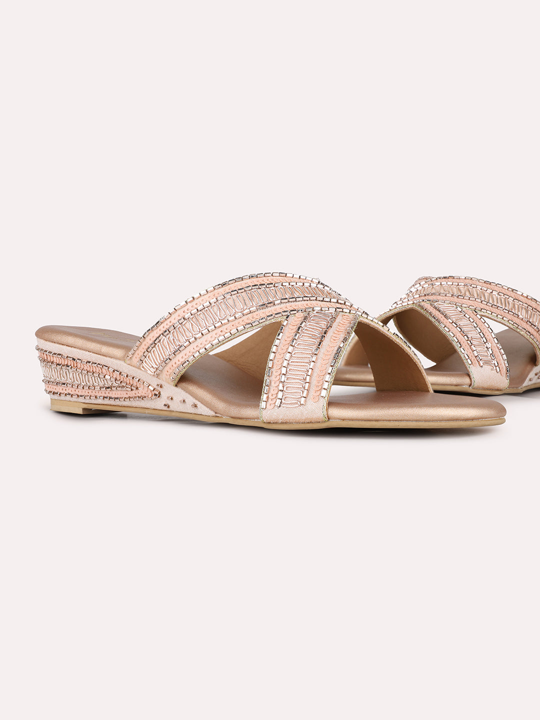 Women Rose Gold Ethnic Embellished Round Toe Wedge Heel Sandals