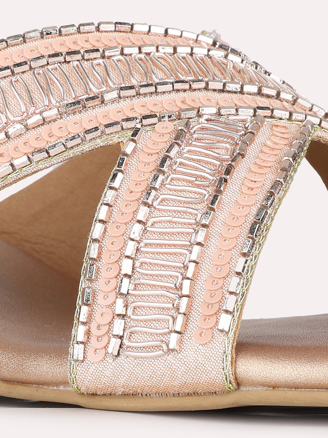 Women Rose Gold Ethnic Embellished Round Toe Wedge Heel Sandals