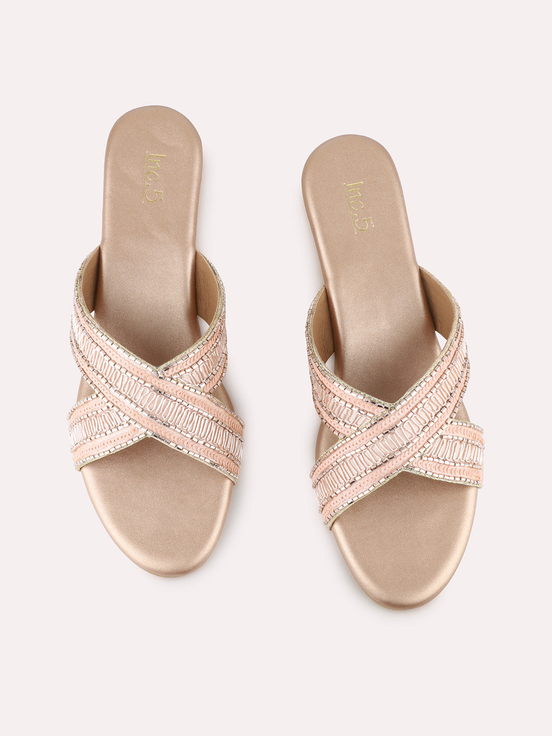 Women Rose Gold Ethnic Embellished Round Toe Wedge Heel Sandals