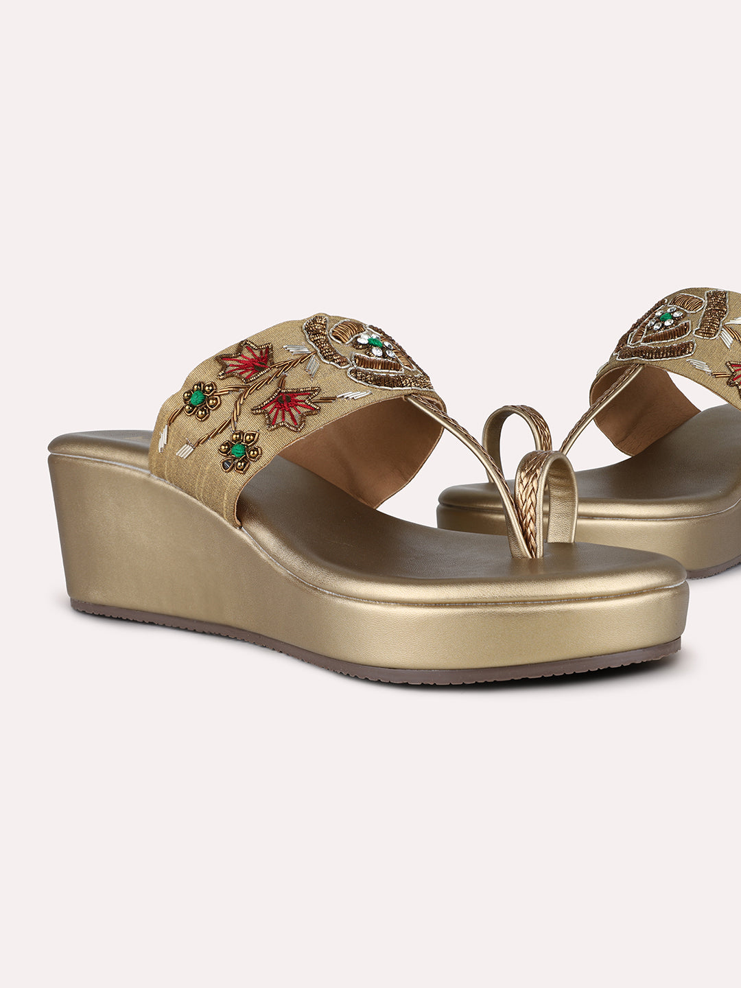 Womens Golden Party Wear Embroidered Round Toe Wedge Heel Sandals