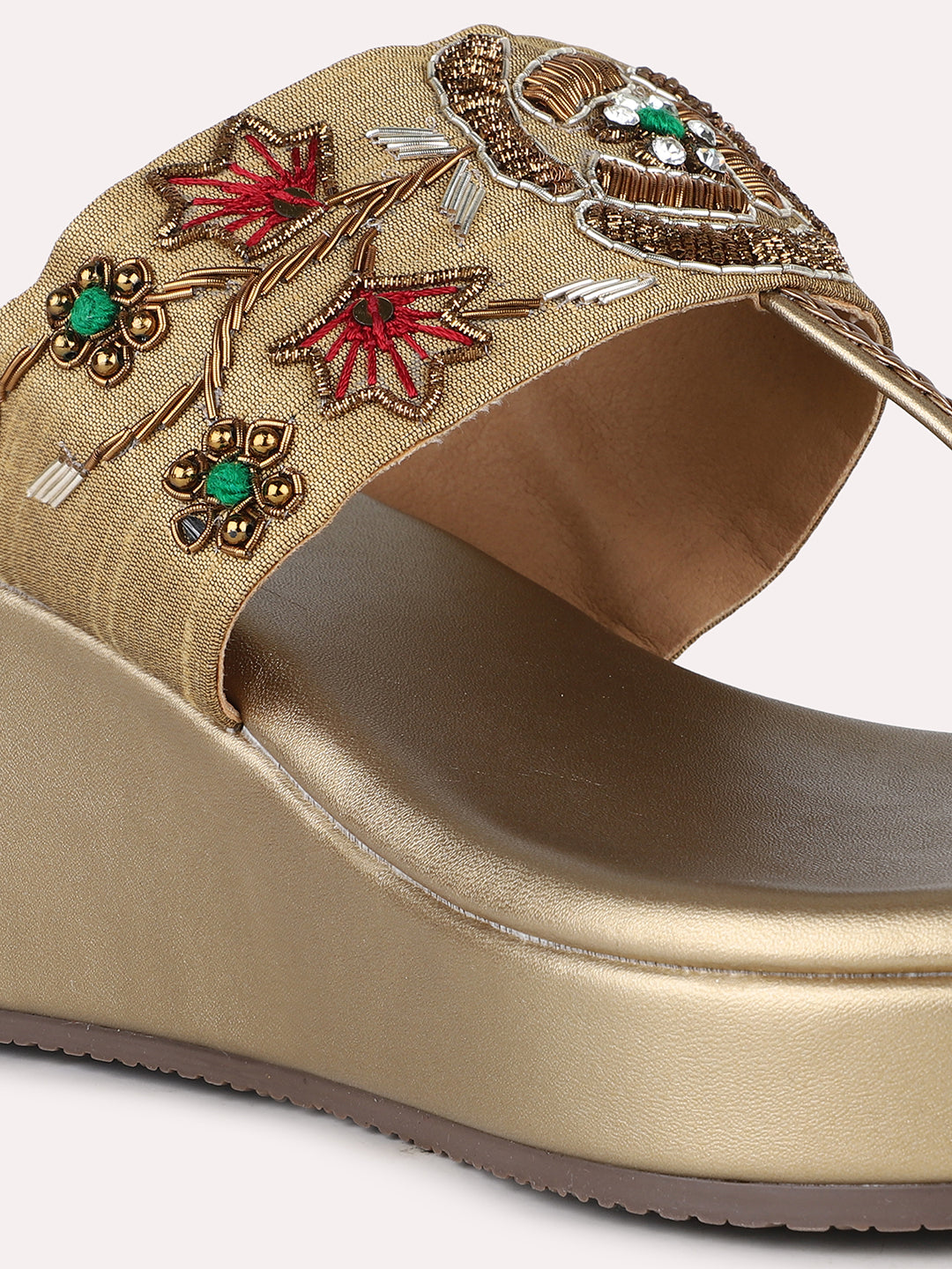 Womens Golden Party Wear Embroidered Round Toe Wedge Heel Sandals