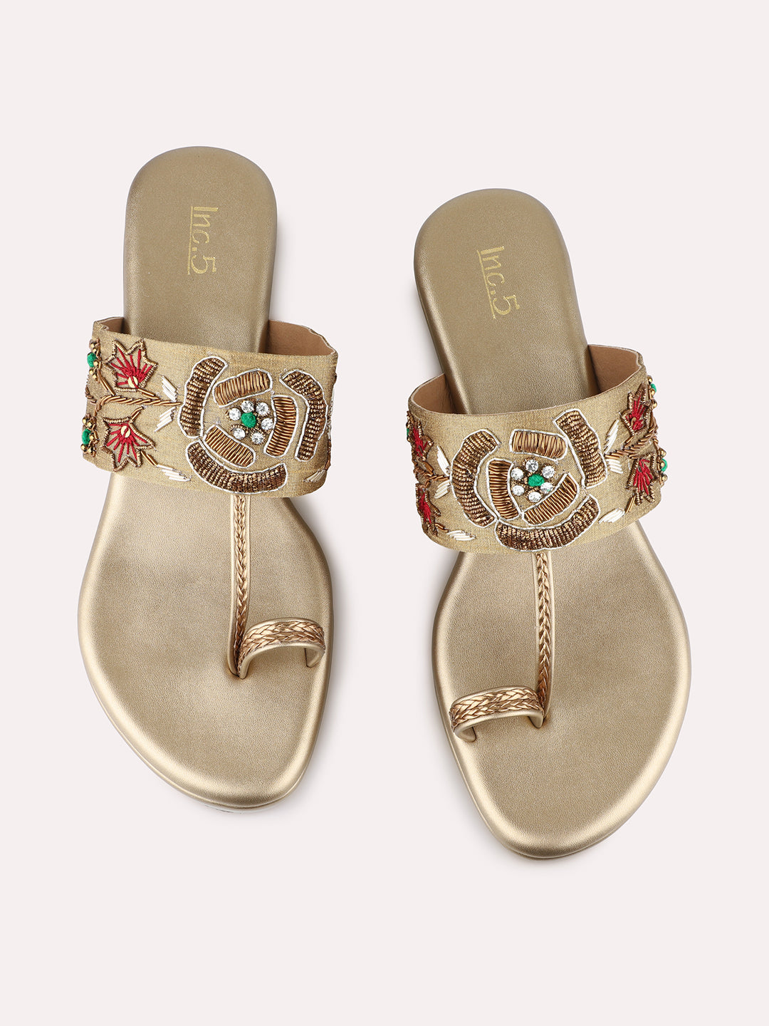 Womens Golden Party Wear Embroidered Round Toe Wedge Heel Sandals