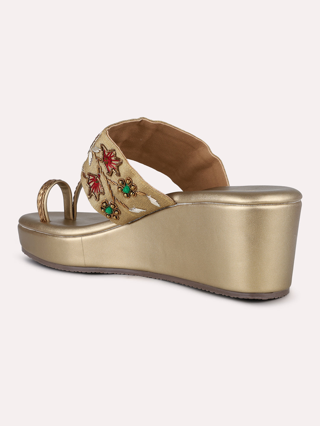 Womens Golden Party Wear Embroidered Round Toe Wedge Heel Sandals