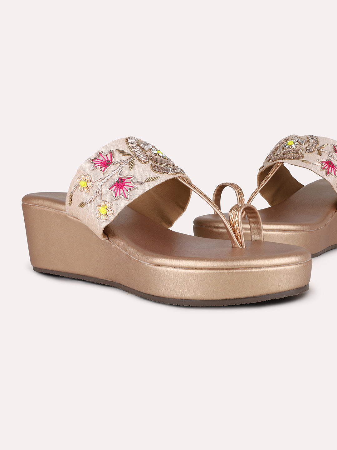 Womens Rose Golden Party Wear Embroidered Round Toe Wedge Heel Sandals