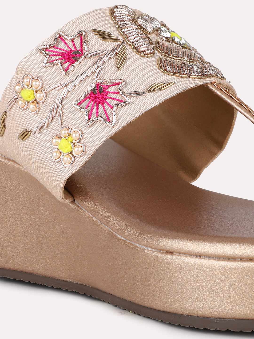 Womens Rose Golden Party Wear Embroidered Round Toe Wedge Heel Sandals