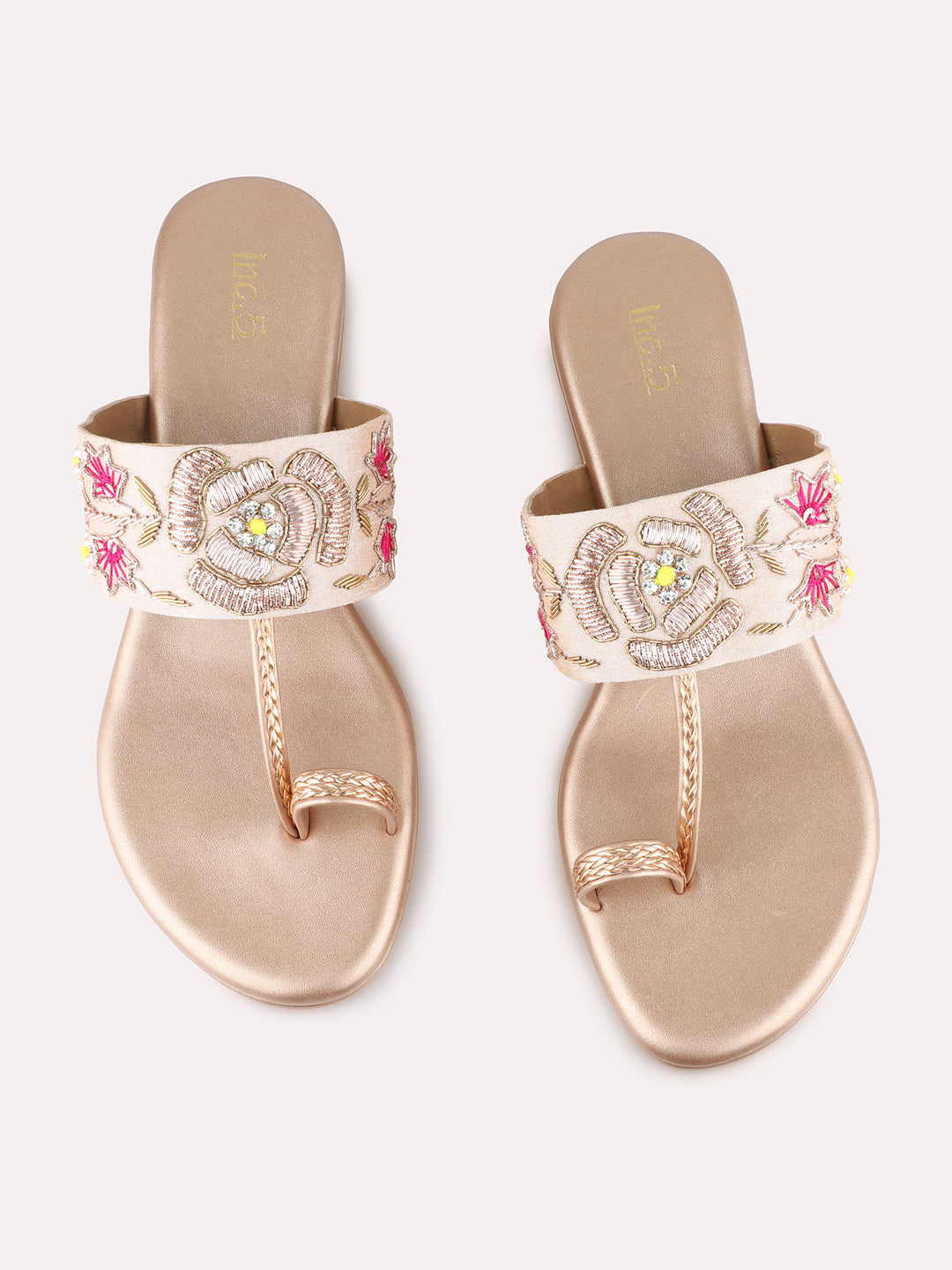 Womens Rose Golden Party Wear Embroidered Round Toe Wedge Heel Sandals