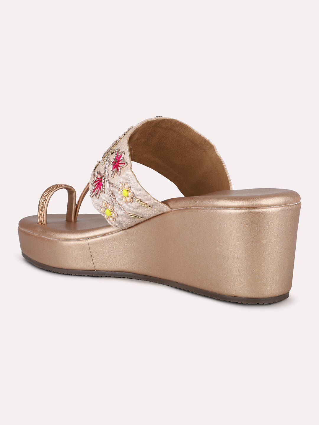 Womens Rose Golden Party Wear Embroidered Round Toe Wedge Heel Sandals