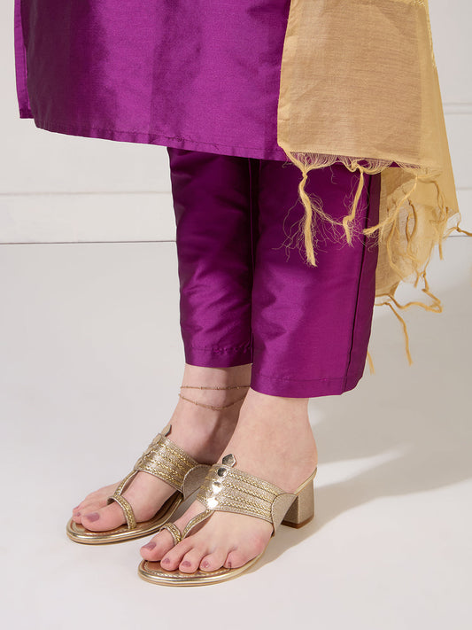 Womens Golden Ethnic Embellished Round Toe Block Heels