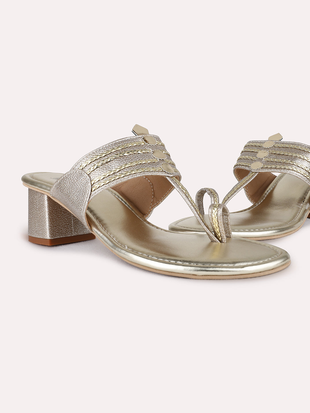 Womens Golden Ethnic Embellished Round Toe Block Heels
