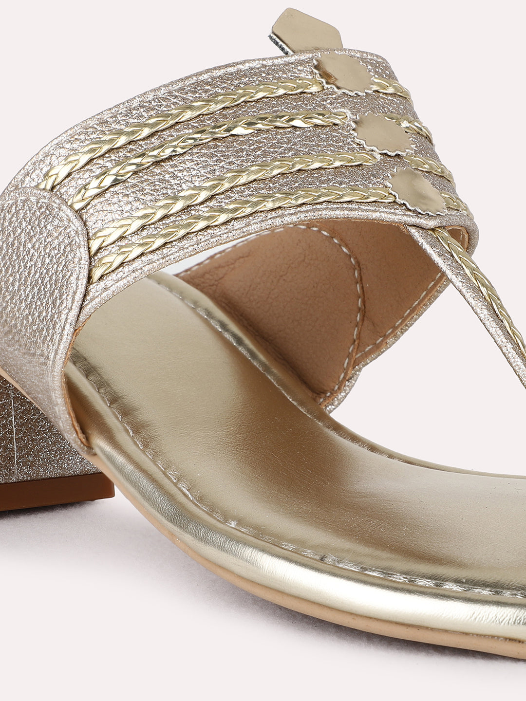 Womens Golden Ethnic Embellished Round Toe Block Heels