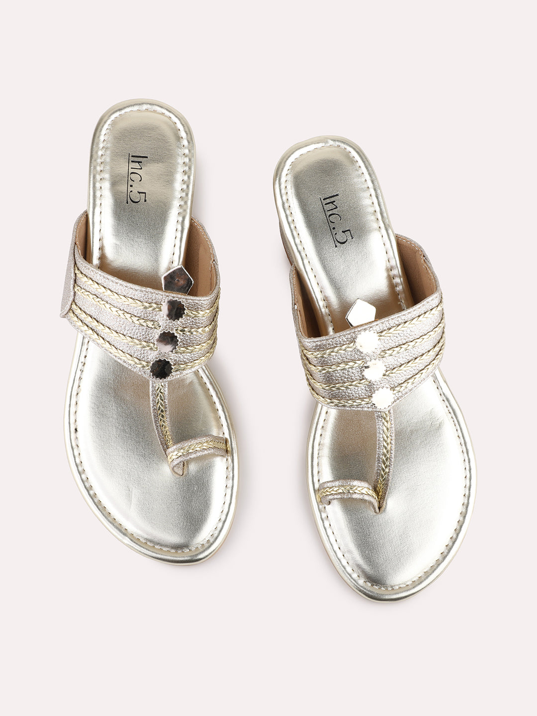 Womens Golden Ethnic Embellished Round Toe Block Heels