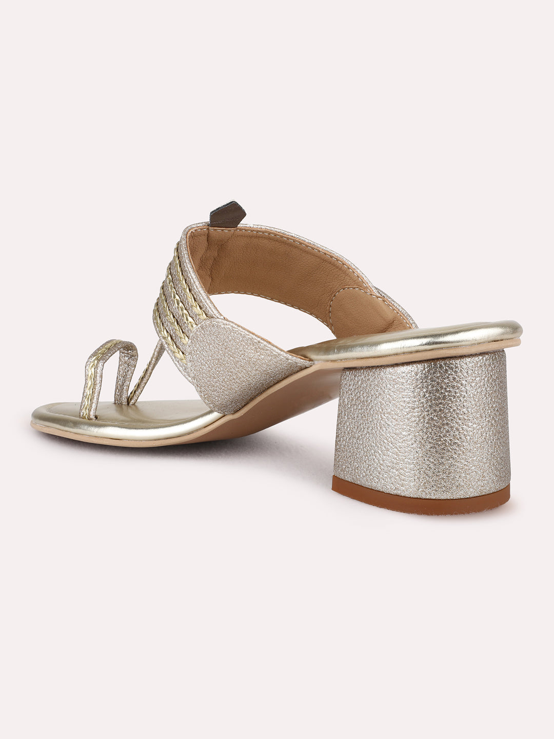 Womens Golden Ethnic Embellished Round Toe Block Heels