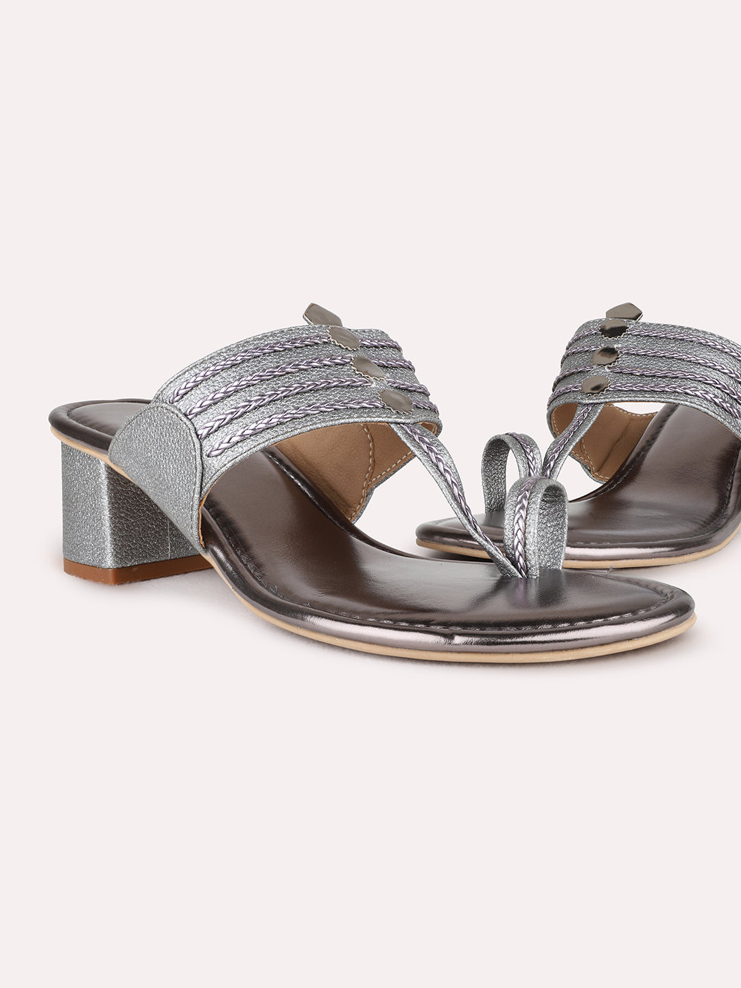 Womens Pewter Ethnic Solid Round Toe Block Heel Sandals