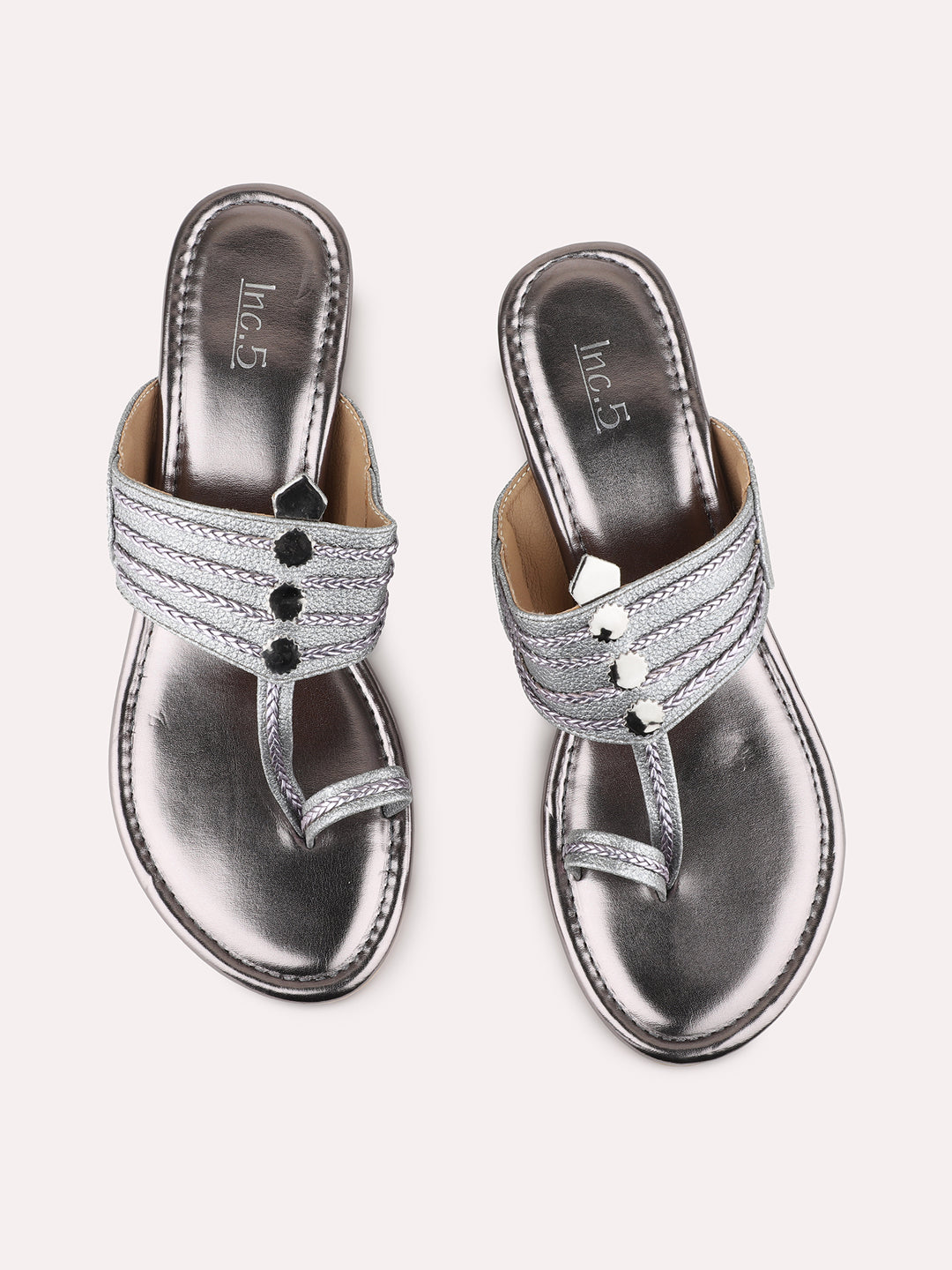 Womens Pewter Ethnic Solid Round Toe Block Heel Sandals