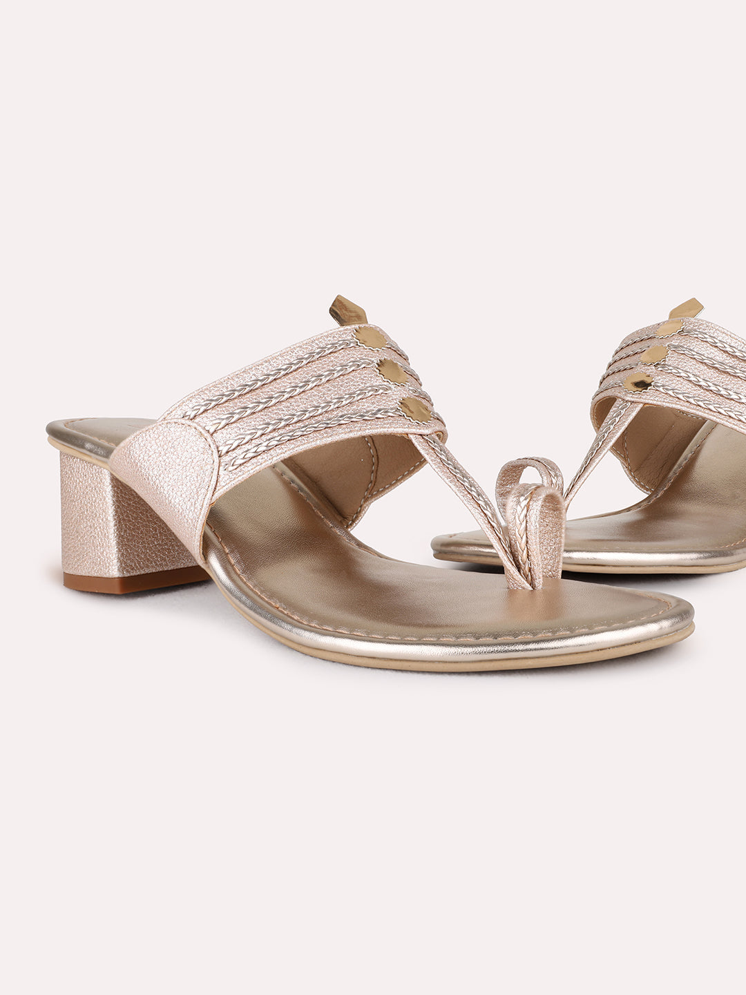 Womens Rose Gold Ethnic Solid Round Toe Block Heel Sandals