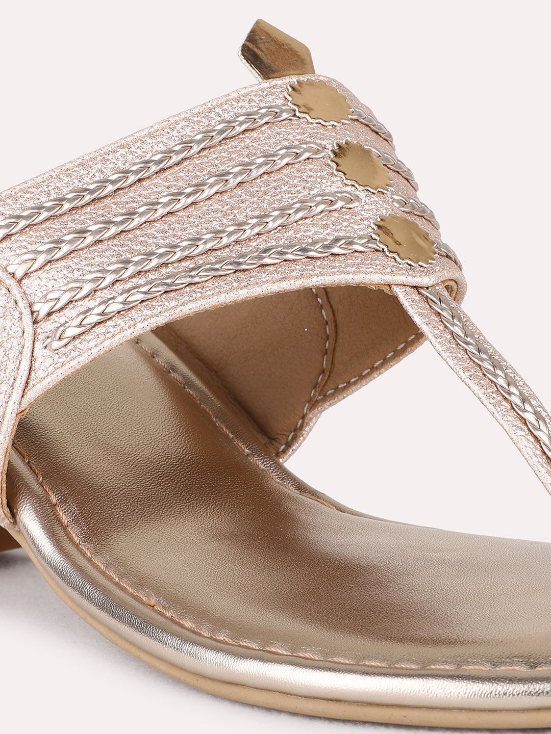 Womens Rose Gold Ethnic Solid Round Toe Block Heel Sandals