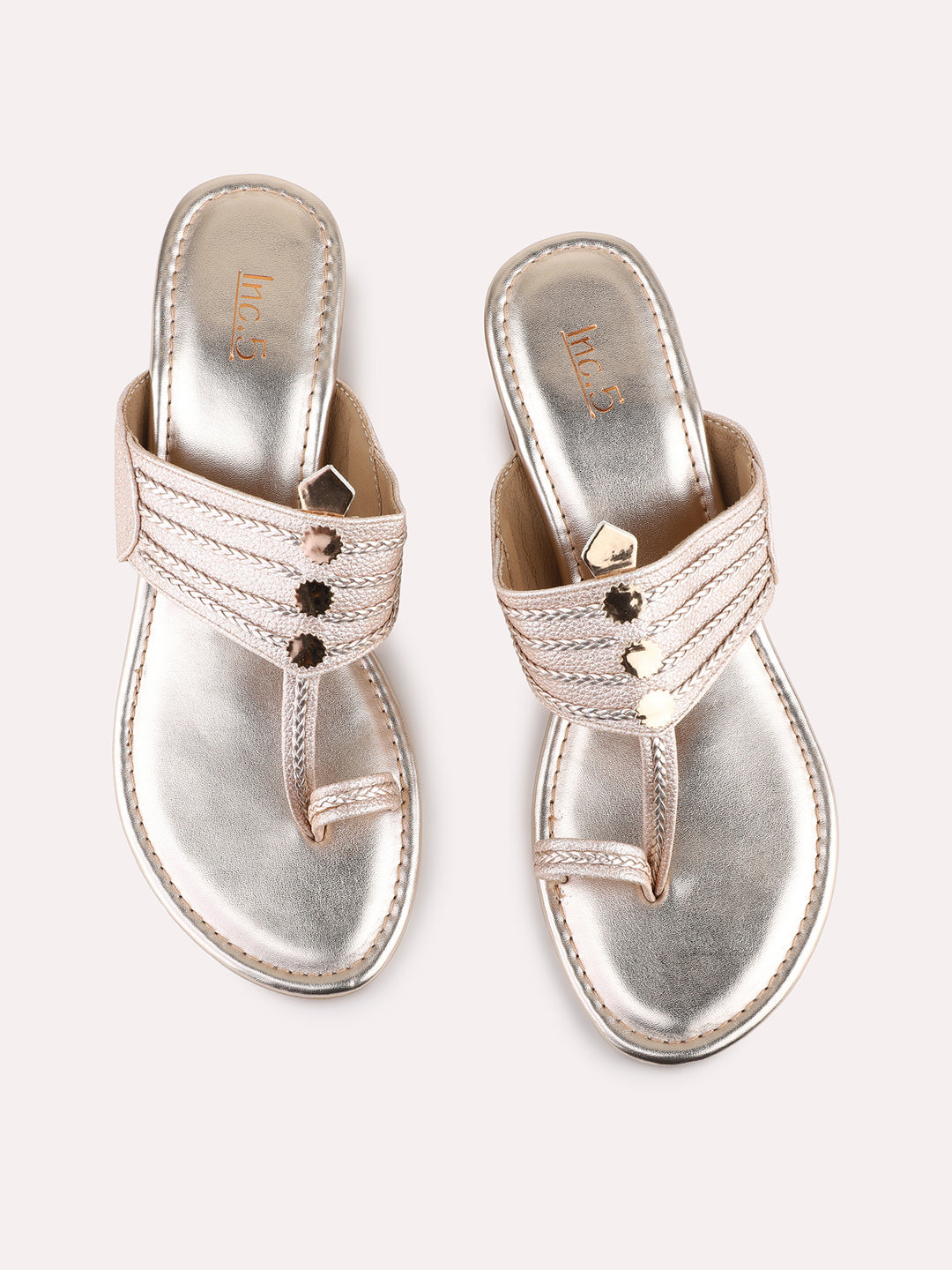 Womens Rose Gold Ethnic Solid Round Toe Block Heel Sandals