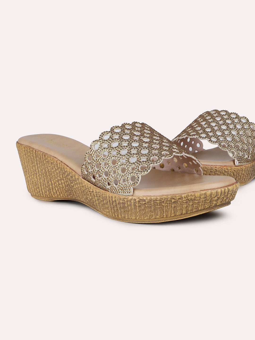 Womens Golden Party Wear Embellished Round Toe Wedge Heel Sandals