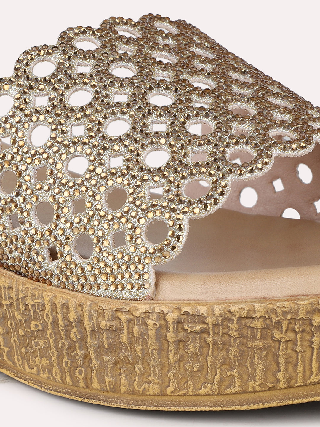 Womens Golden Party Wear Embellished Round Toe Wedge Heel Sandals