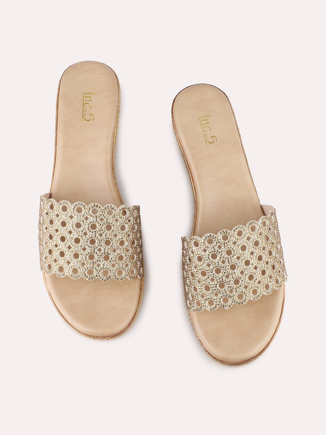 Womens Golden Party Wear Embellished Round Toe Wedge Heel Sandals