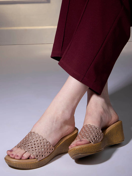 Womens Rose Gold Party Wear Solid Round Toe Wedge Heels