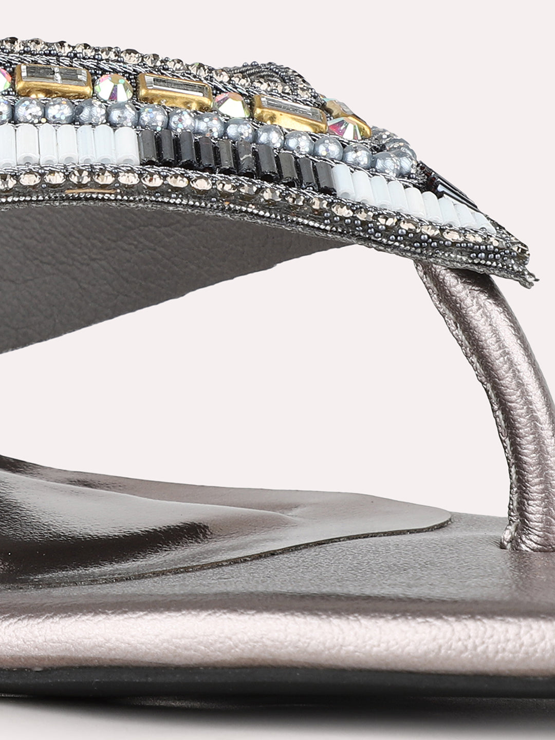 Women Pewter Ethnic Embellished Round Toe Block Heel Sandals