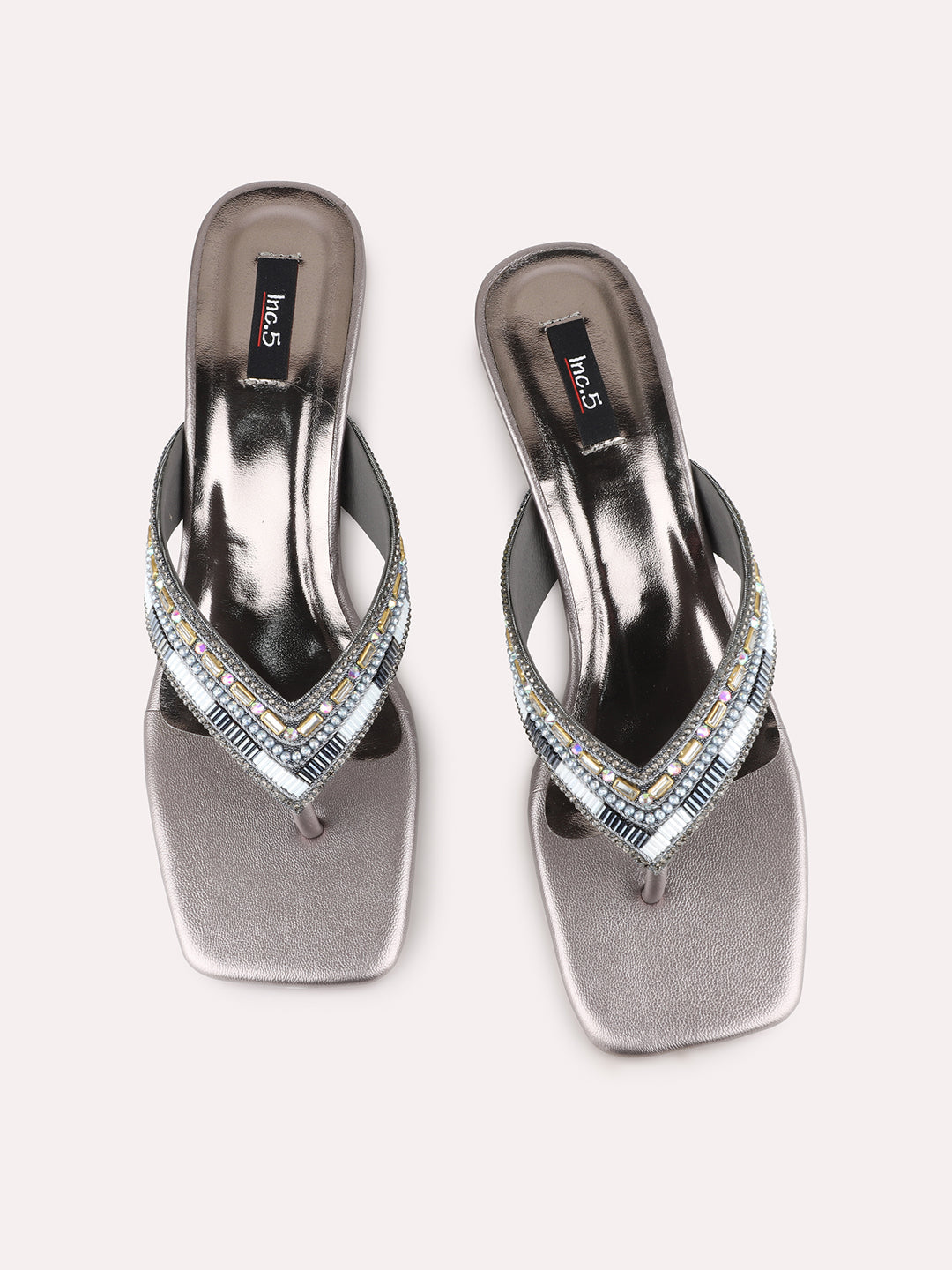 Women Pewter Ethnic Embellished Round Toe Block Heels