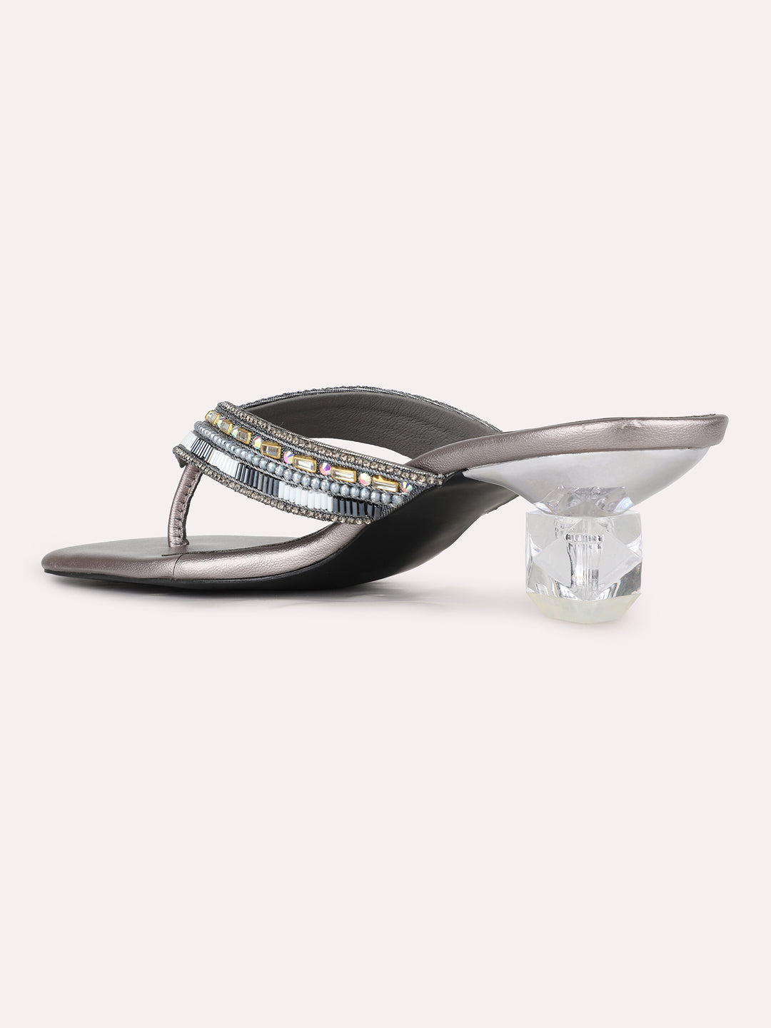 Women Pewter Ethnic Embellished Round Toe Block Heel Sandals