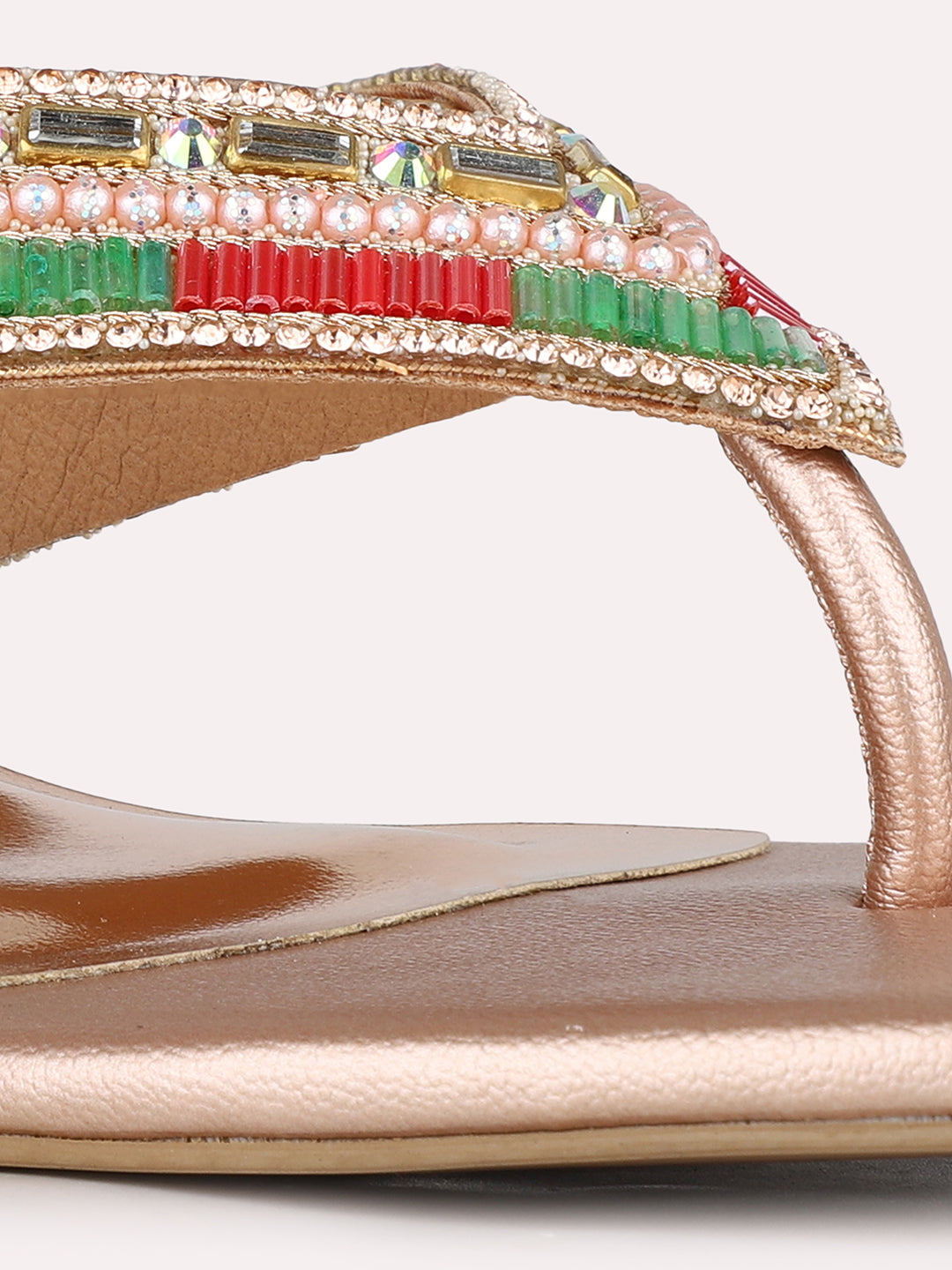 Women Rose Gold Ethnic Embellished Square Toe Block Heel Sandals