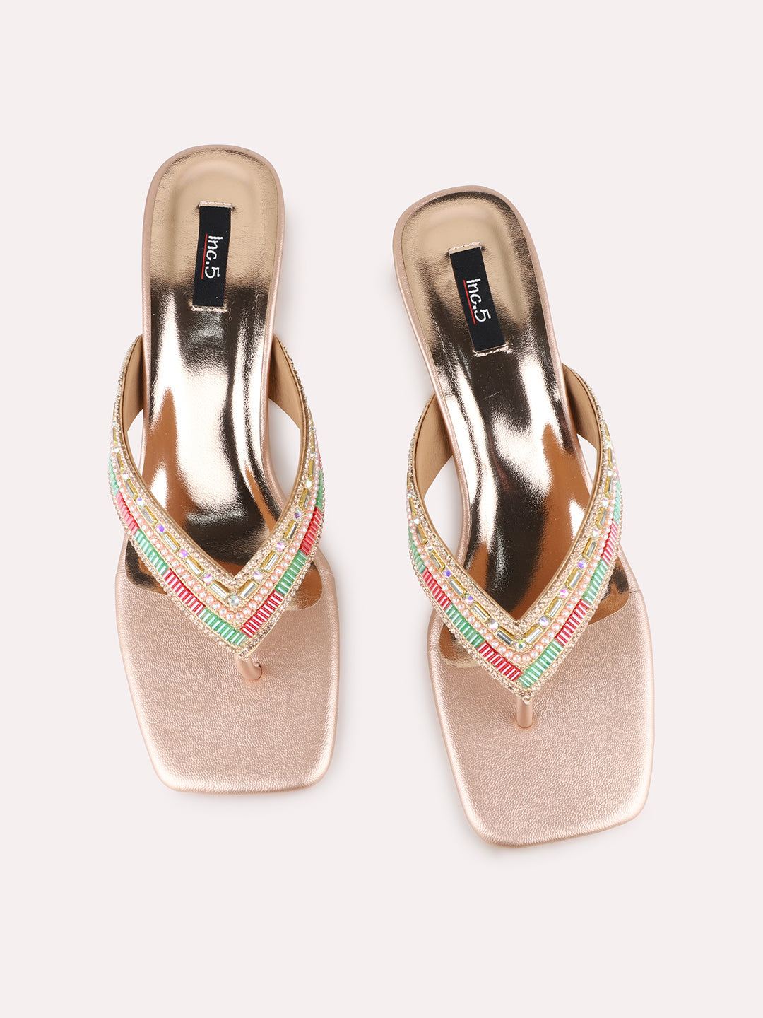 Women Rose Gold Ethnic Embellished Square Toe Block Heel Sandals