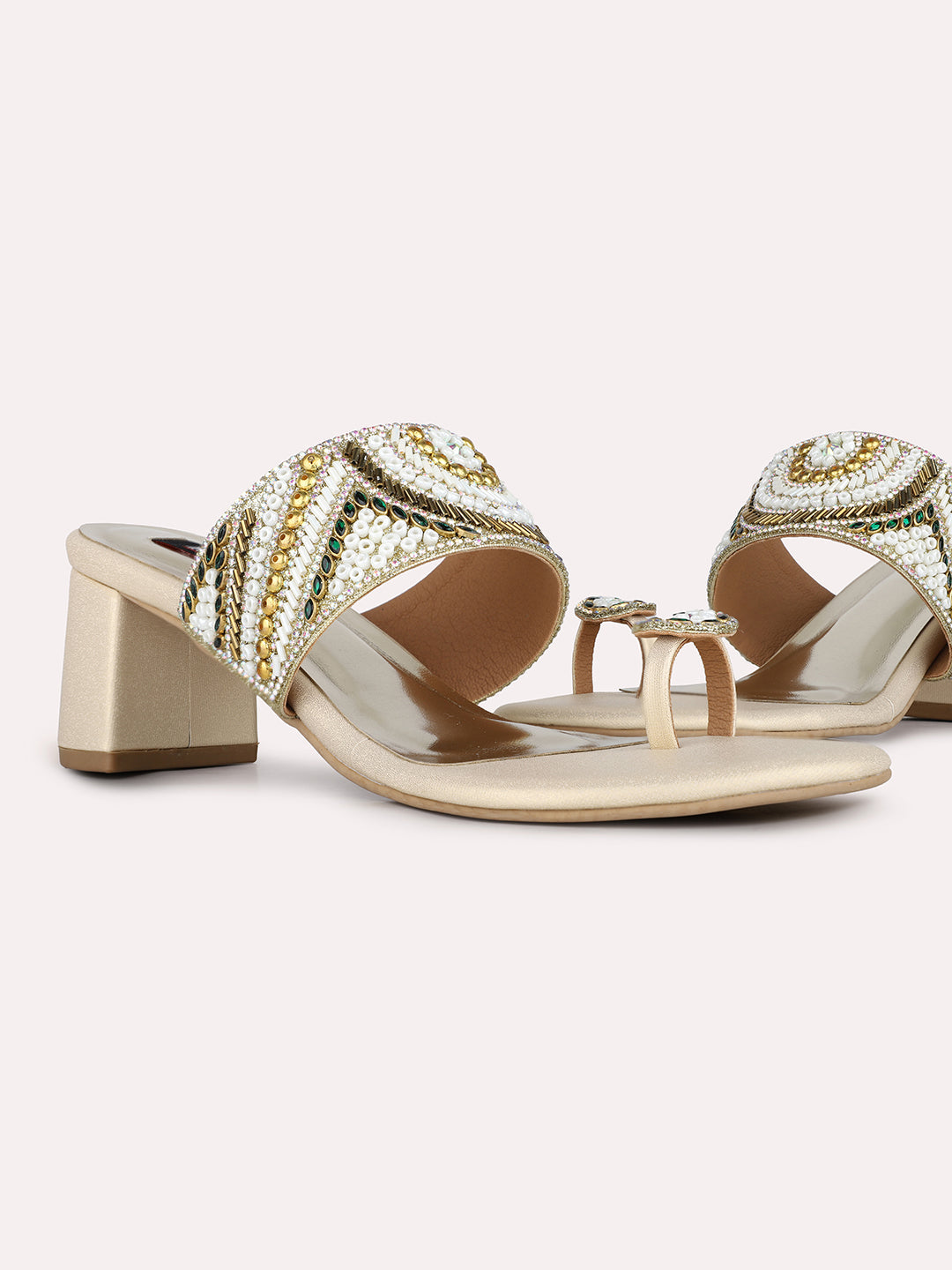 Women Rose Gold Ethnic Embellished One Toe Block Heel Sandals