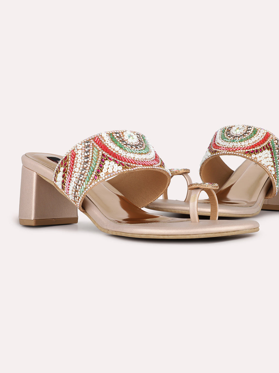 Women Rose Gold Ethnic Embellished Round Toe Block Heel Sandals