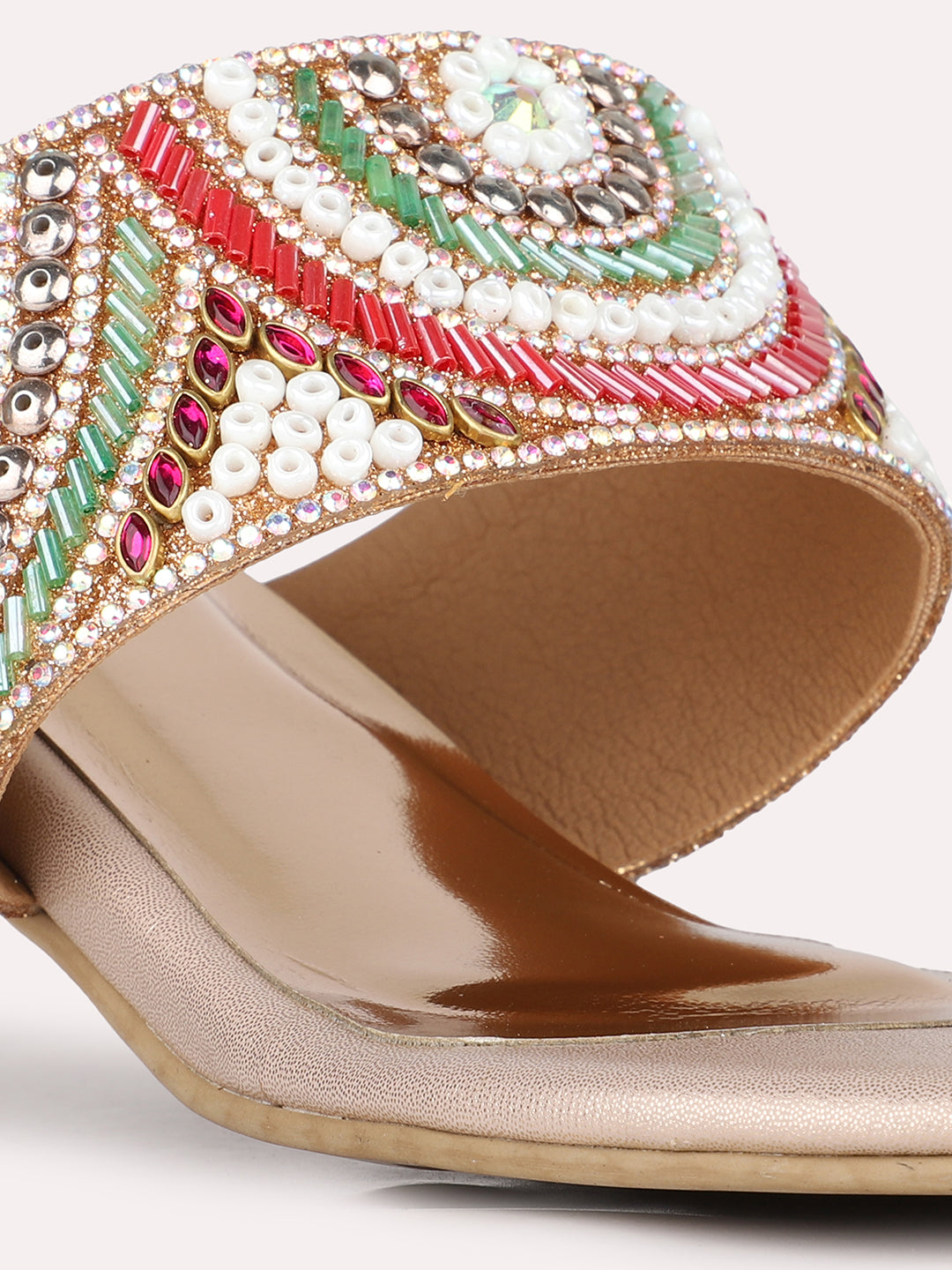 Women Rose Gold Ethnic Embellished Round Toe Block Heel Sandals