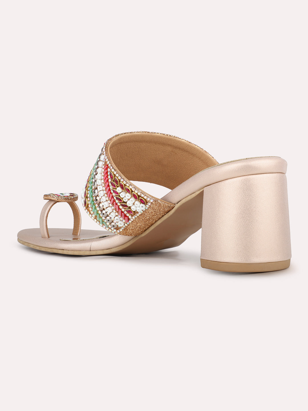 Women Rose Gold Ethnic Embellished Round Toe Block Heel Sandals