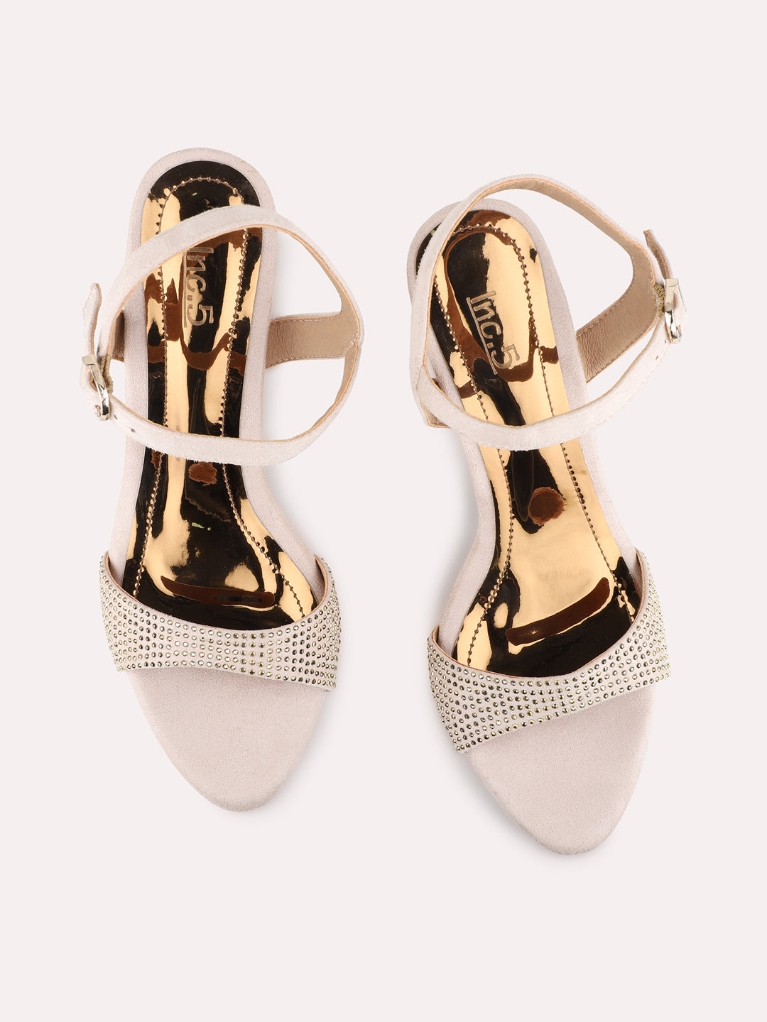 Womens Beige Party Wear Embellished Round Toe Stiletto Heel Sandals