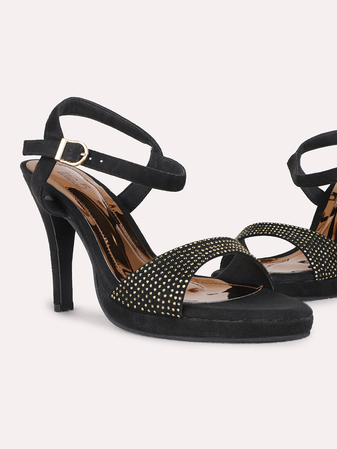 Womens Black Party Wear Embellished Round Toe Stiletto Heel Sandals