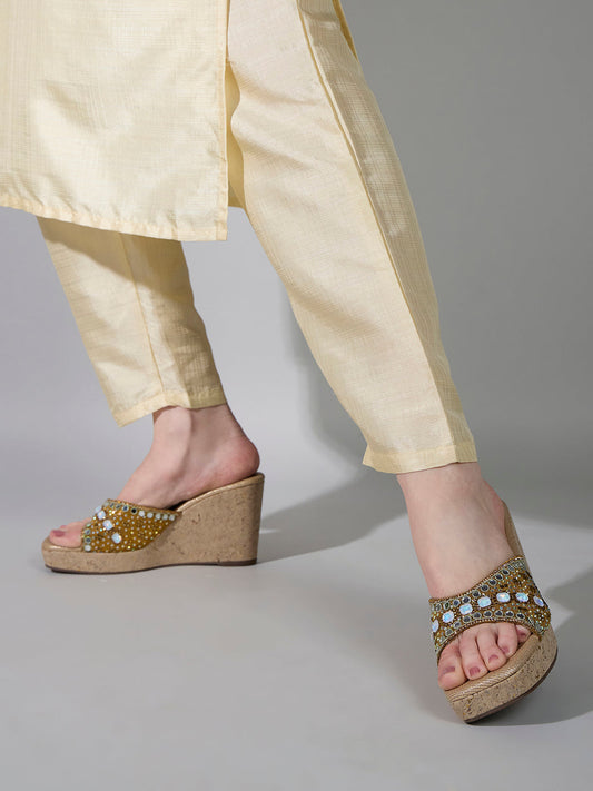 Womens Golden Ethnic Wear Embellished Round Toe Wedge Heels