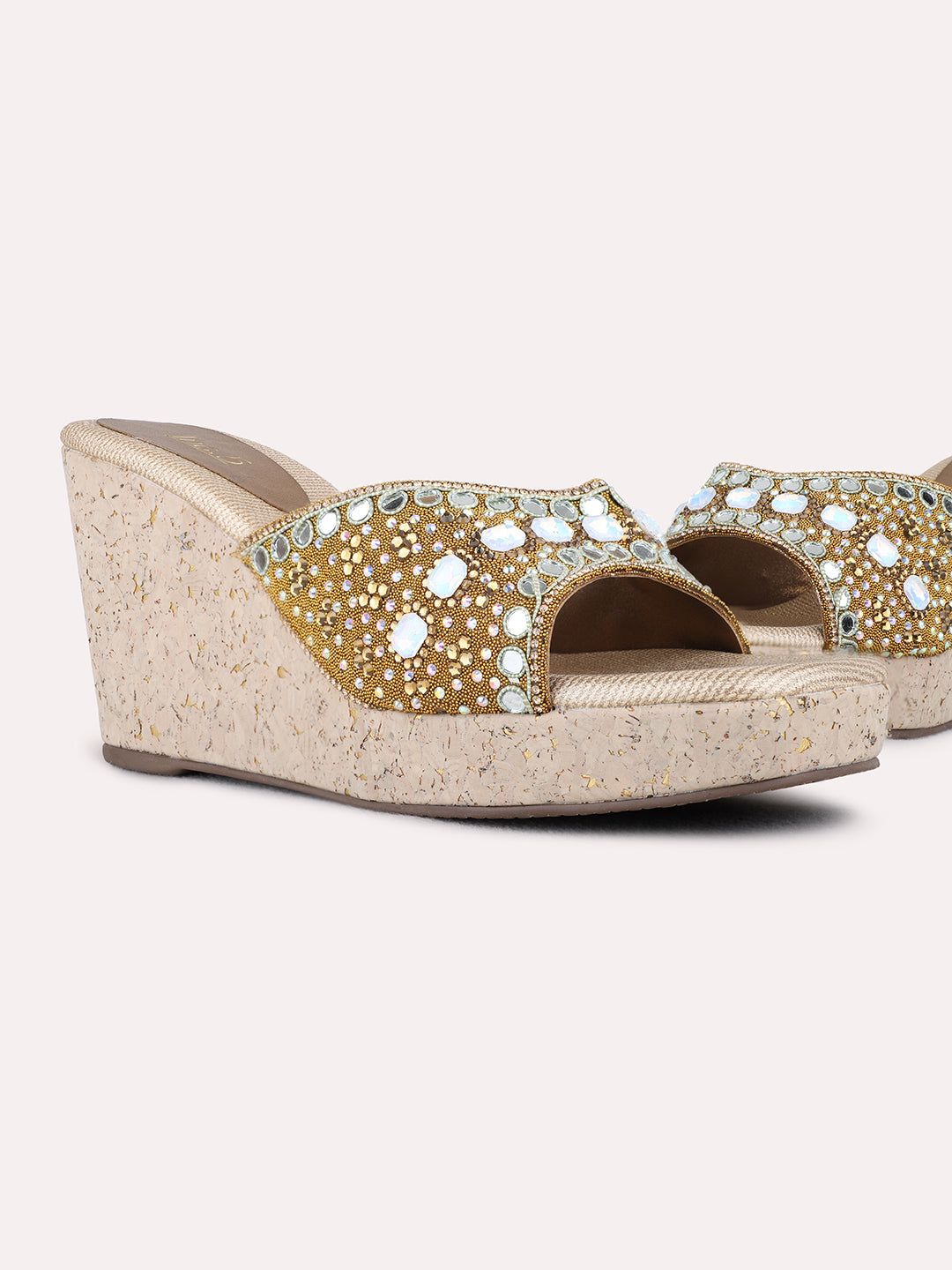 Womens Golden Ethnic Wear Embellished Round Toe Wedge Heel Sandals