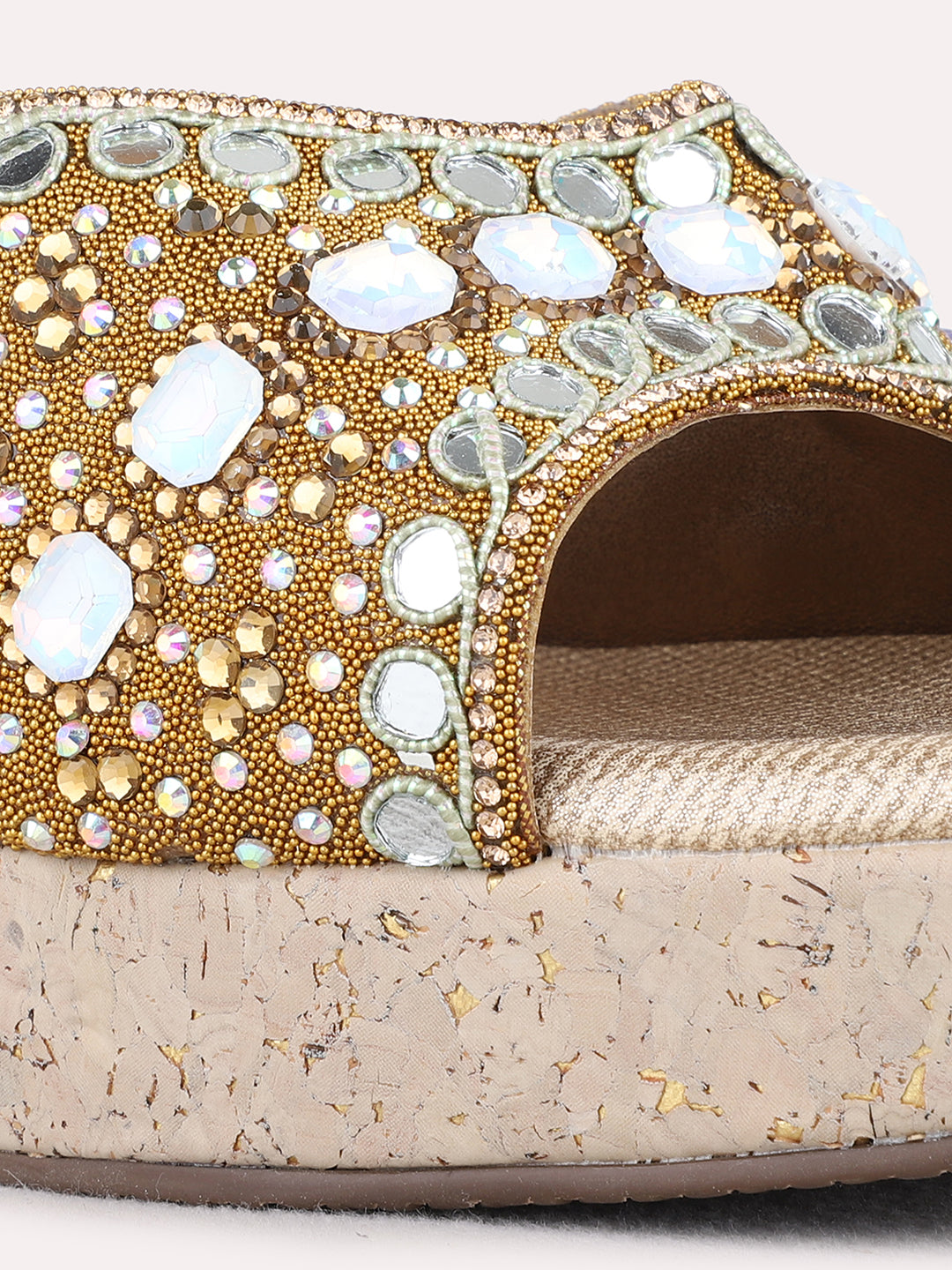 Womens Golden Ethnic Wear Embellished Round Toe Wedge Heel Sandals