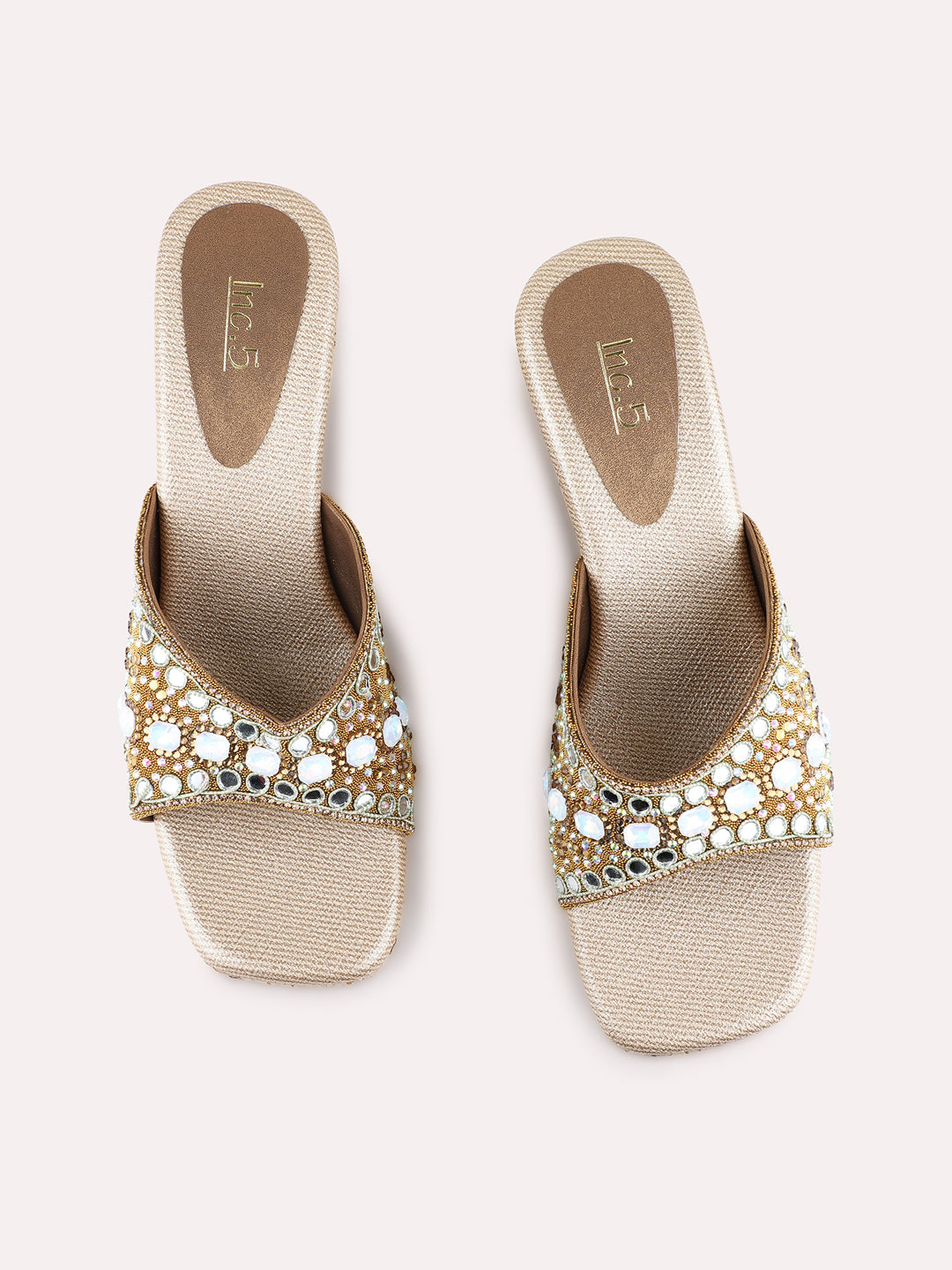 Womens Golden Ethnic Wear Embellished Round Toe Wedge Heel Sandals